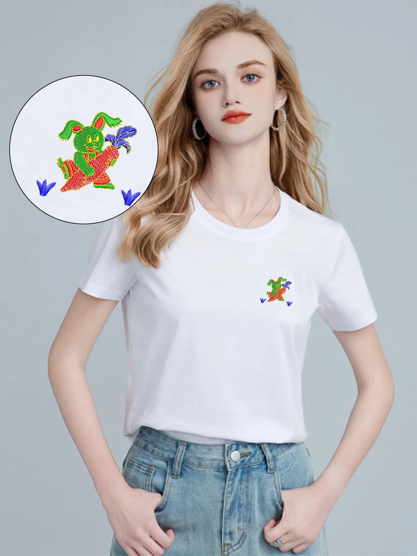 

Pastel Men's & Women's Embroidered T-Shirts – Charming Bunny Carrot Cotton T-Shirt with Exquisite Embroidery for Street Style