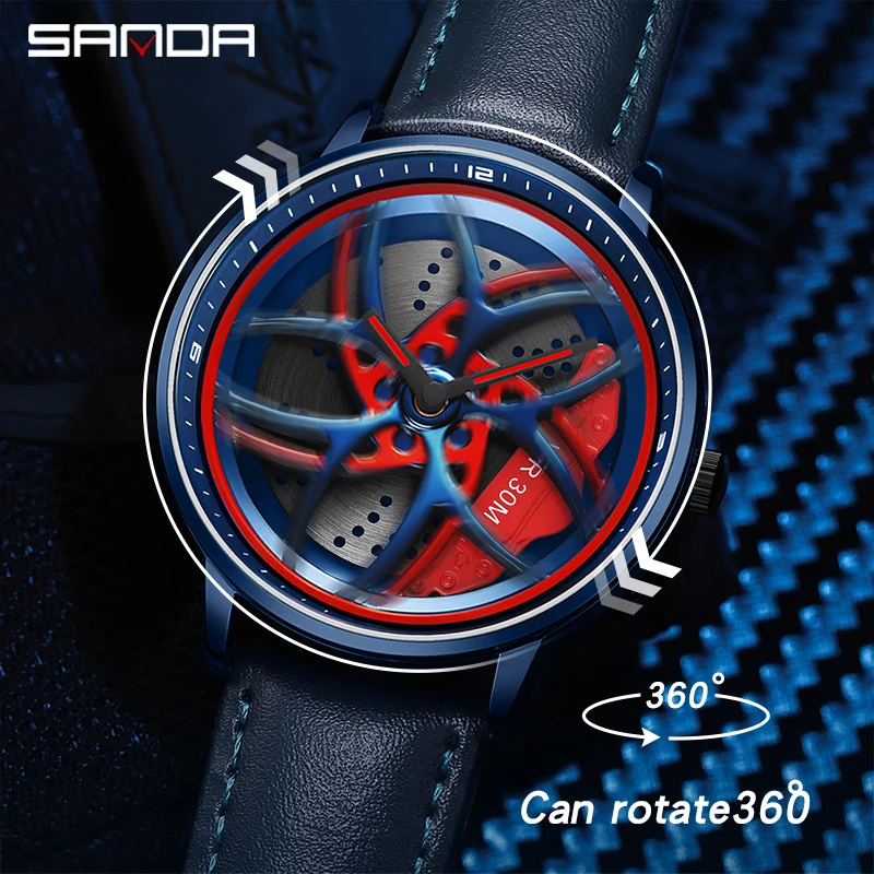 Imagem -03 - Sanda-homens de Luxo Casual Pulseira de Couro Sport Quartz Relógio de Pulso 360 Girando Carro Roda Dial Relógio Masculino Design Criativo P1091 2023