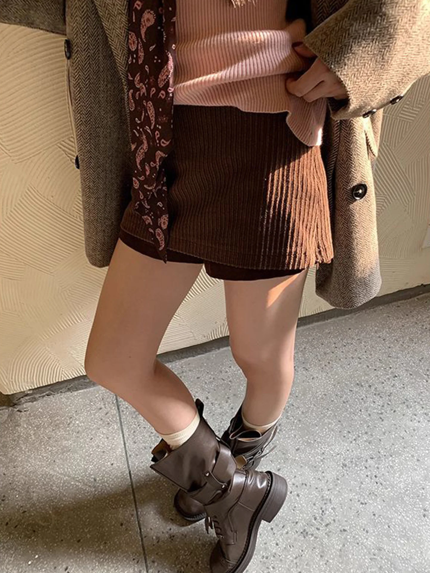 

Юбка А-силуэта с высокой талией, женская повседневная вельветовая юбка-обертка кофейного цвета, универсальная короткая юбка для молодых девушек