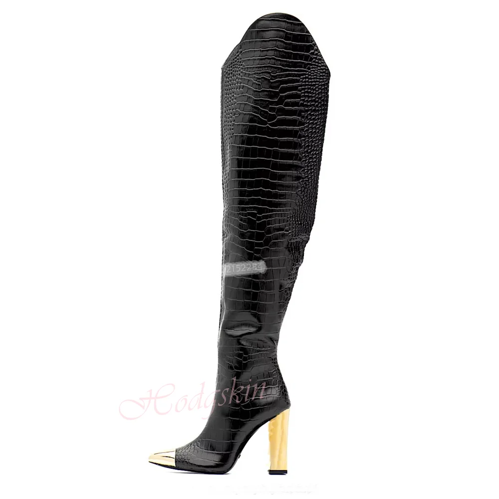 

Snake Pattern Patchwork Boots Pointy Toe Chunky High Heels Metal Over The Knee Side Zipper New Style Women Shoes Winter Party