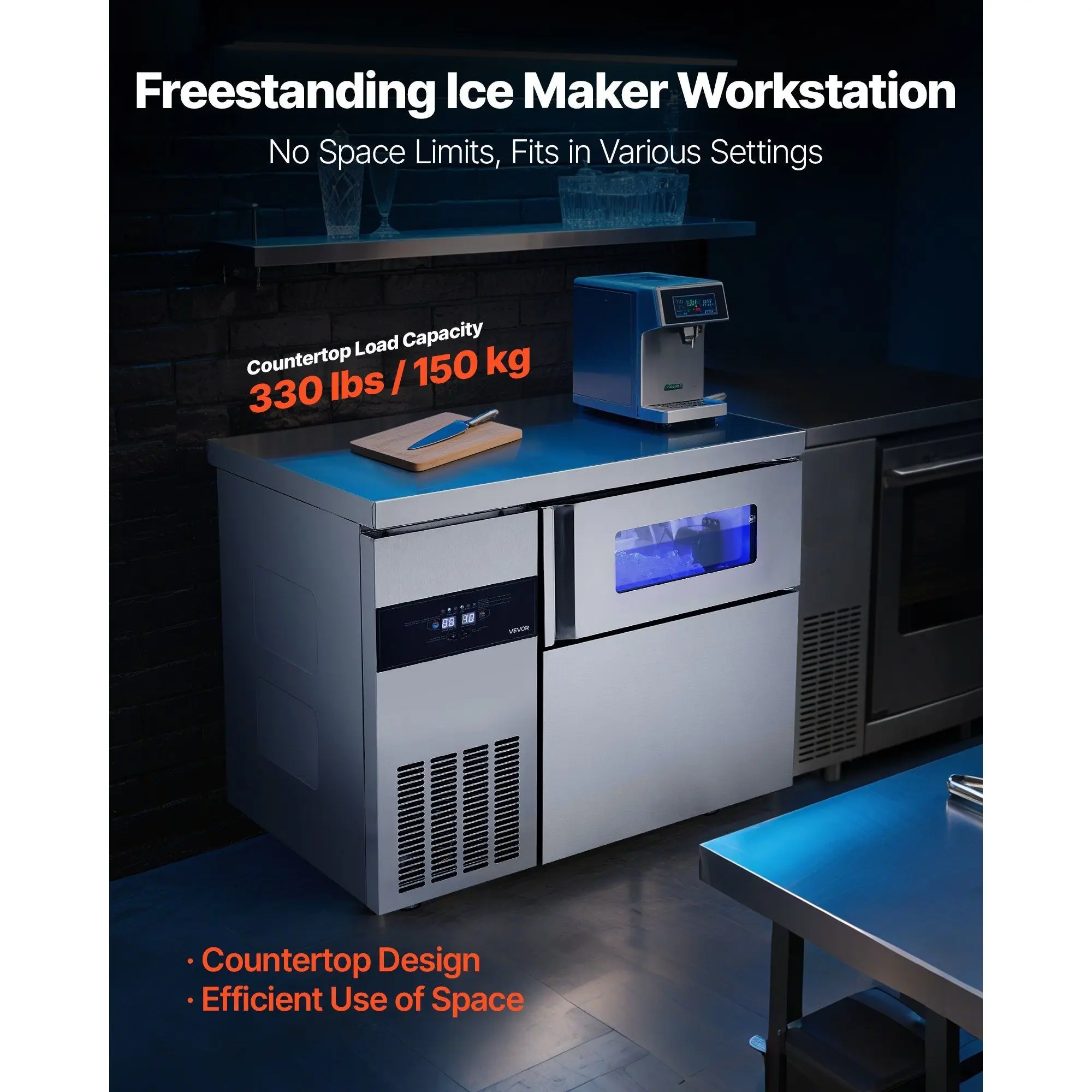 Stainless steel ice machine with 24-hour ice making capability Self-cleaning countertop