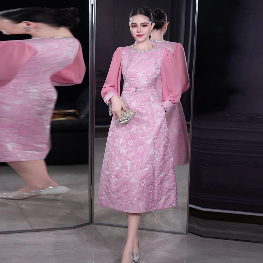 

ZJYT New Trend 2026 Spring Dresses for Woman Elegant Long Sleeve Floral Jacquard Midi Dress Party Vintage Pink Vestidos Ladies