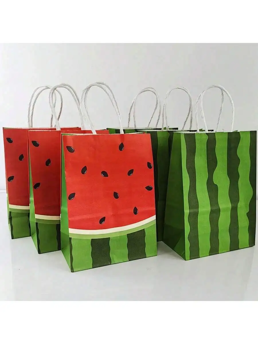 5pcs Cute Cartoon Watermelon Gift Tote Bag, Thickened Tote Kraft Paper Gift Bag, Suitable for Gift Giving, Gift Wrapping Bag