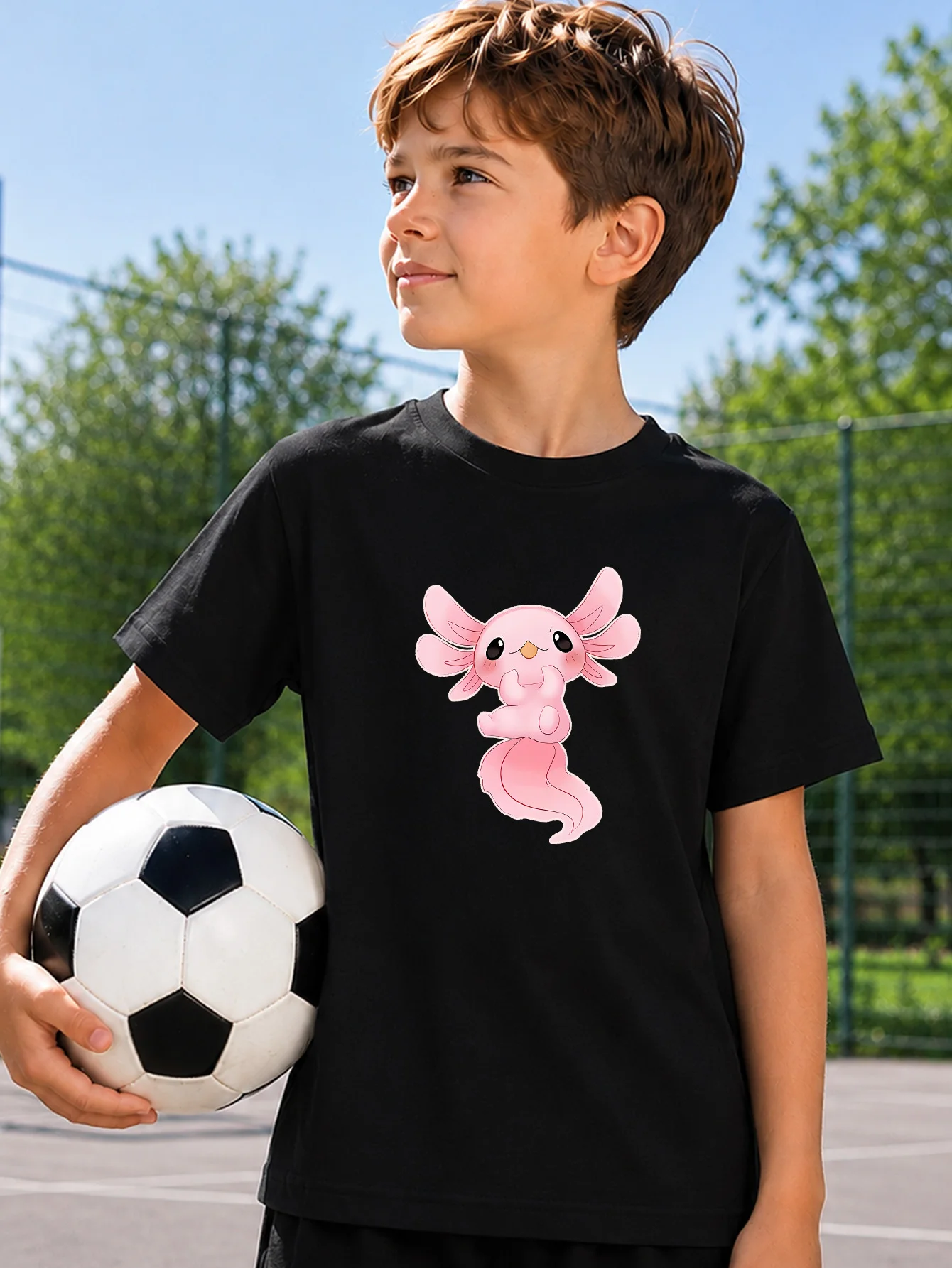 Cute Pink Axolotl Kawaii Cartoon Print Boys Girls Family Matching Cotton Short Sleeve Crew Neck Soft Summer Kids Casual Tees