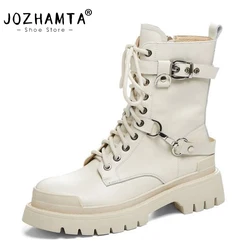 JOZHAMTA Size 34-40 Real Leather Women Ankle Boots Thick Heels Platform Shoes Fall Winter Punk Short Booties Casual Daily Dress