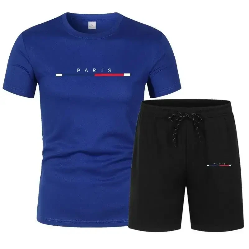 T-shirt da uomo e maniche corte, abbigliamento sportivo stampato parigi, asciugatura rapida, fitness, estate, nuovo di zecca, set da 2 pezzi