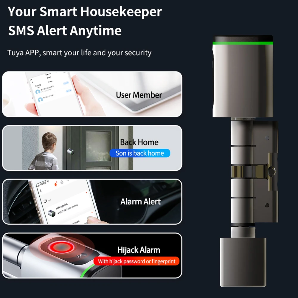 Tuya BT Fingerprint Lock Intelligent Door Lock Cylinder Electronic Lock Core Keyless Entry Door Lock Support Fingerprint APP IC