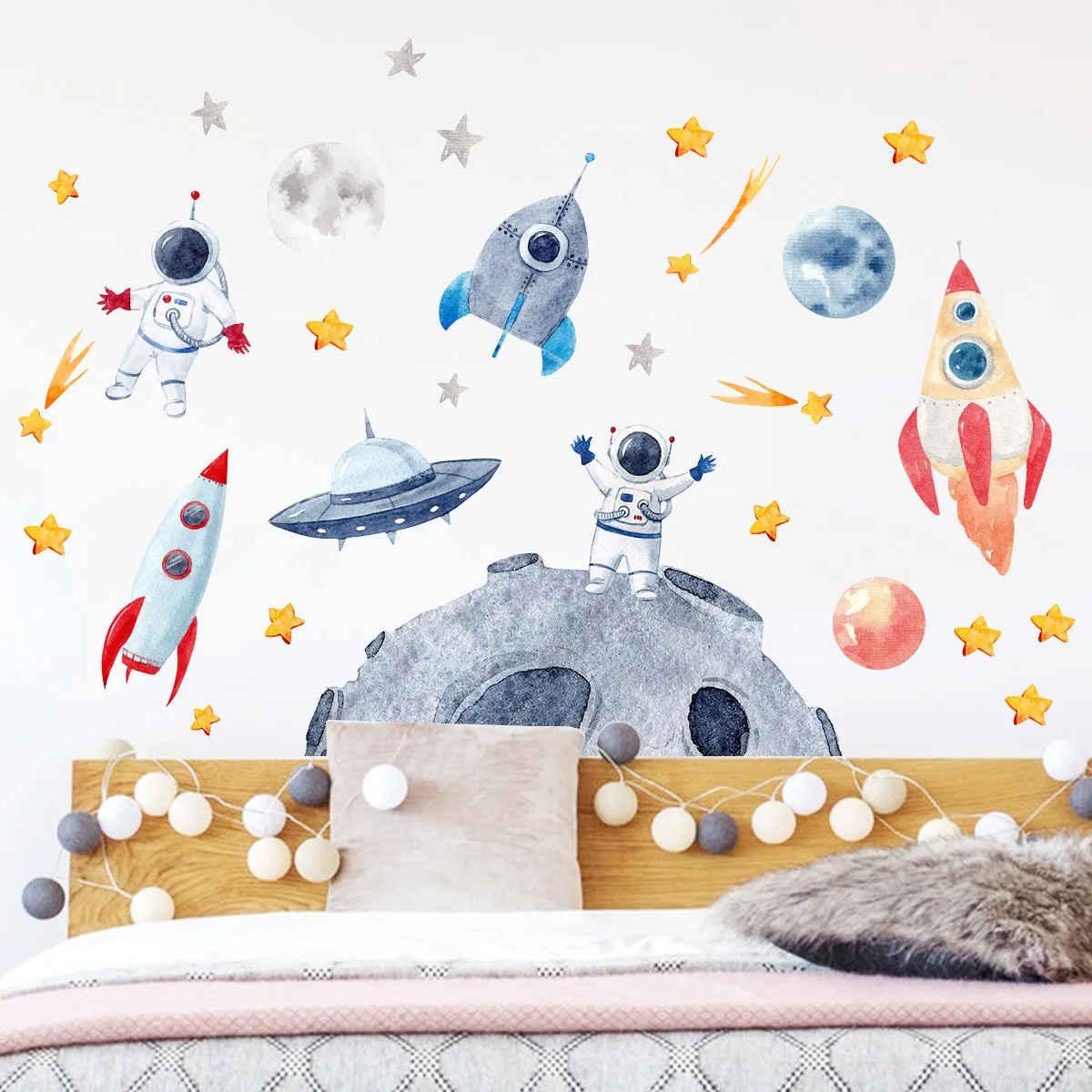 

3D Creative Planetary Astronauts Wall Sticker Home Decor Cartoon Kids Room Bedroom Period Print Decal Mural Art Sky Poster Gift