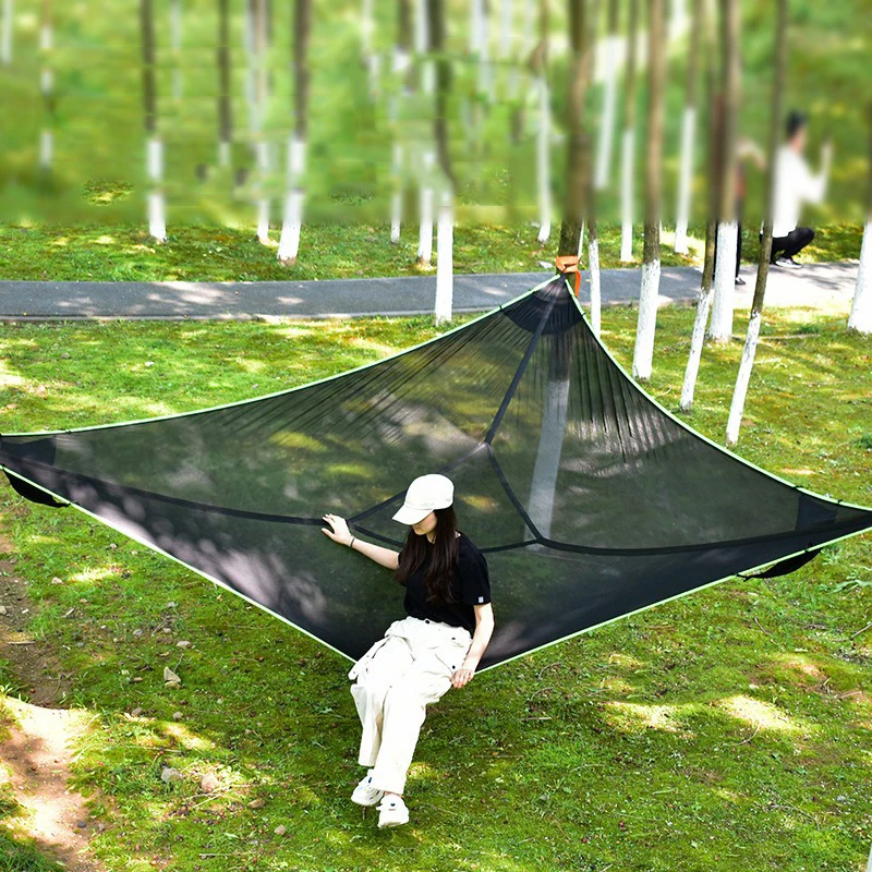 Outdoor Camping Triangle Hammock Anti Rollover Large Aerial Mesh Hammock Tree Tent for Multiple People Leisure Hammock