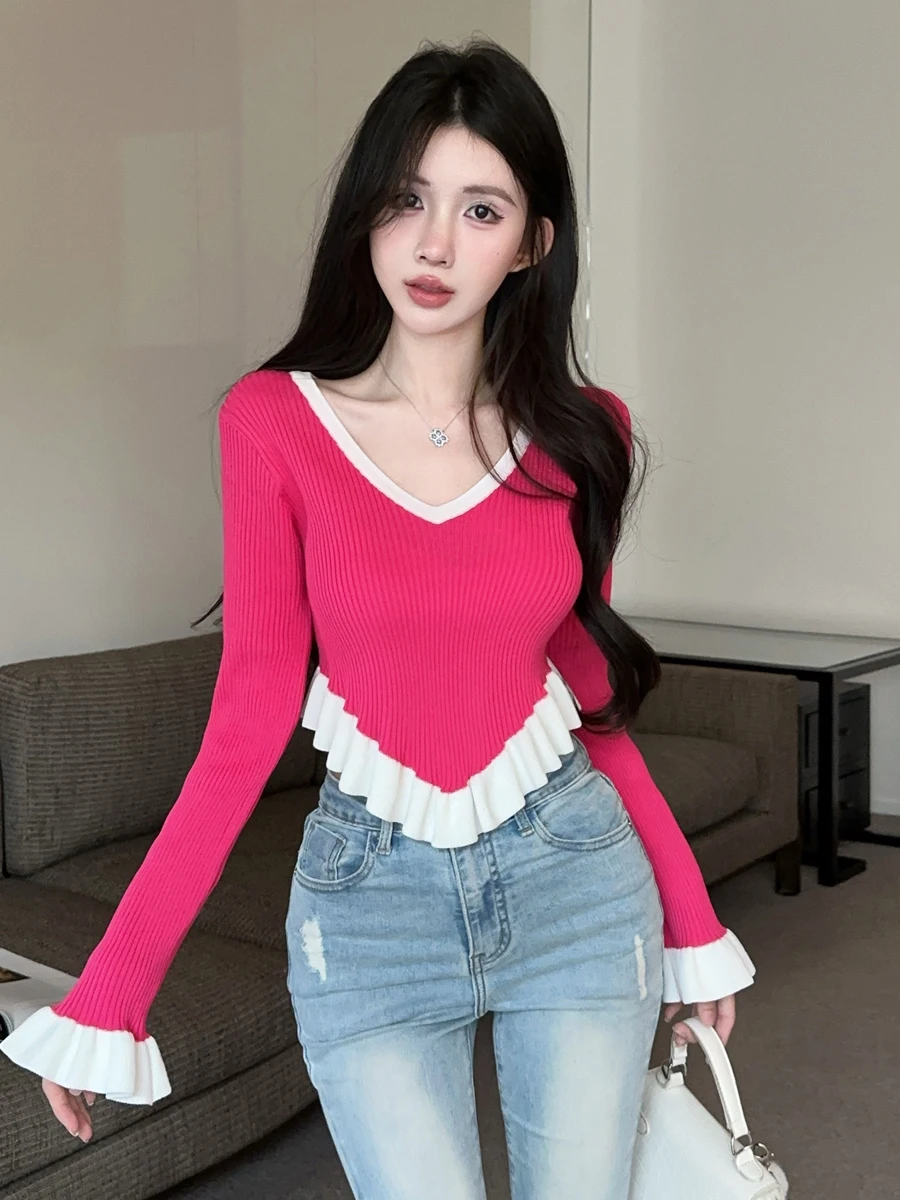 

Sweet Pure Desire Deep V-ne Bell Sve вязаный топ сексуальный ретро с рюшами или длина женский модный трикотаж на весну и осень