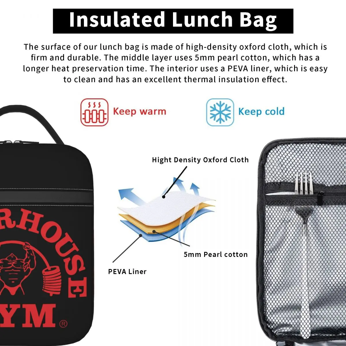 Powerhouse Gym Insulated Lunch Bags Portable Meal Container Cooler Bag Tote Lunch Box College Picnic Girl Boy