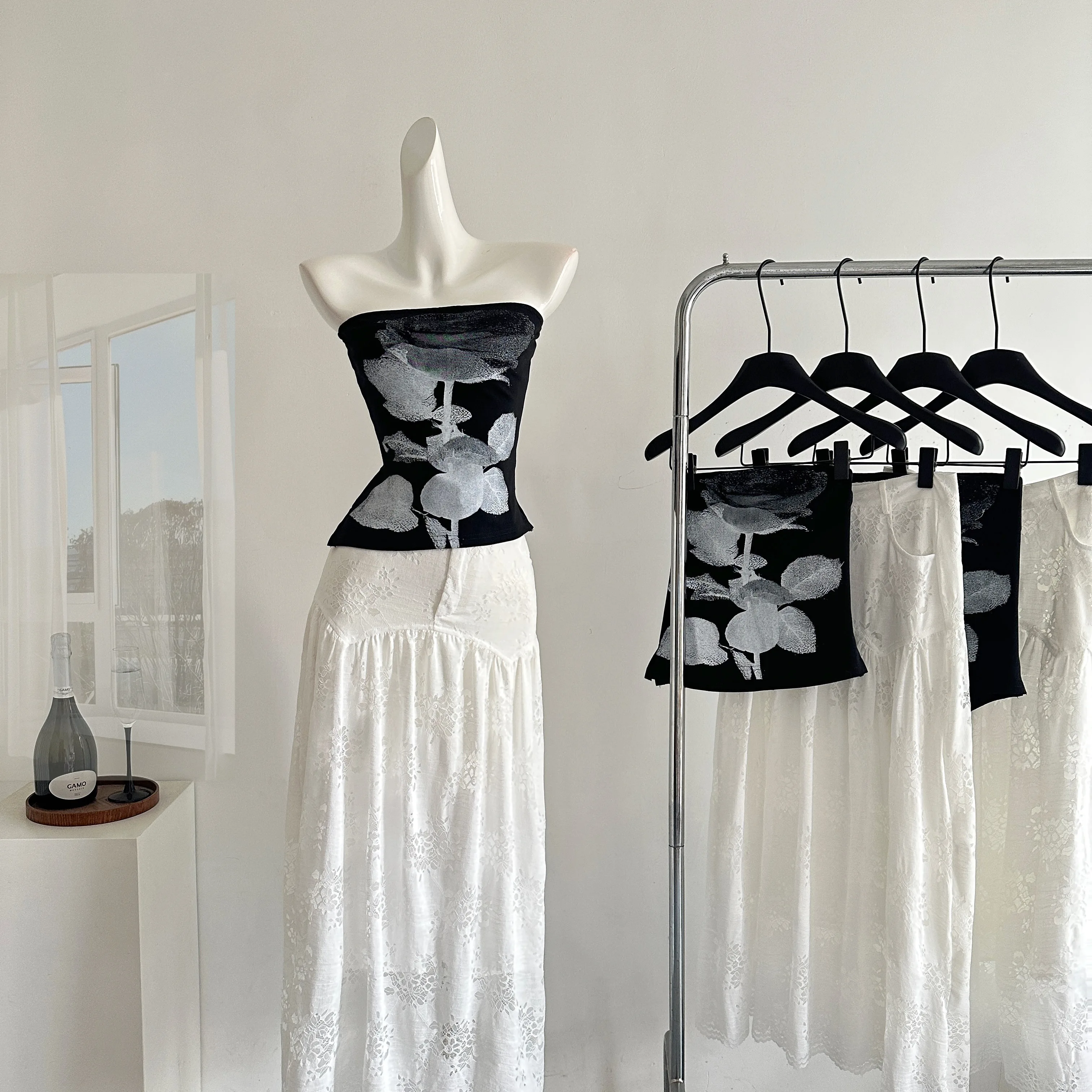 

Summer Women French Vintage Rave Birthday Vacation Mori Girl Old Money Outfits 2 Piece Set Print Tube Tops + Midi Skirts New