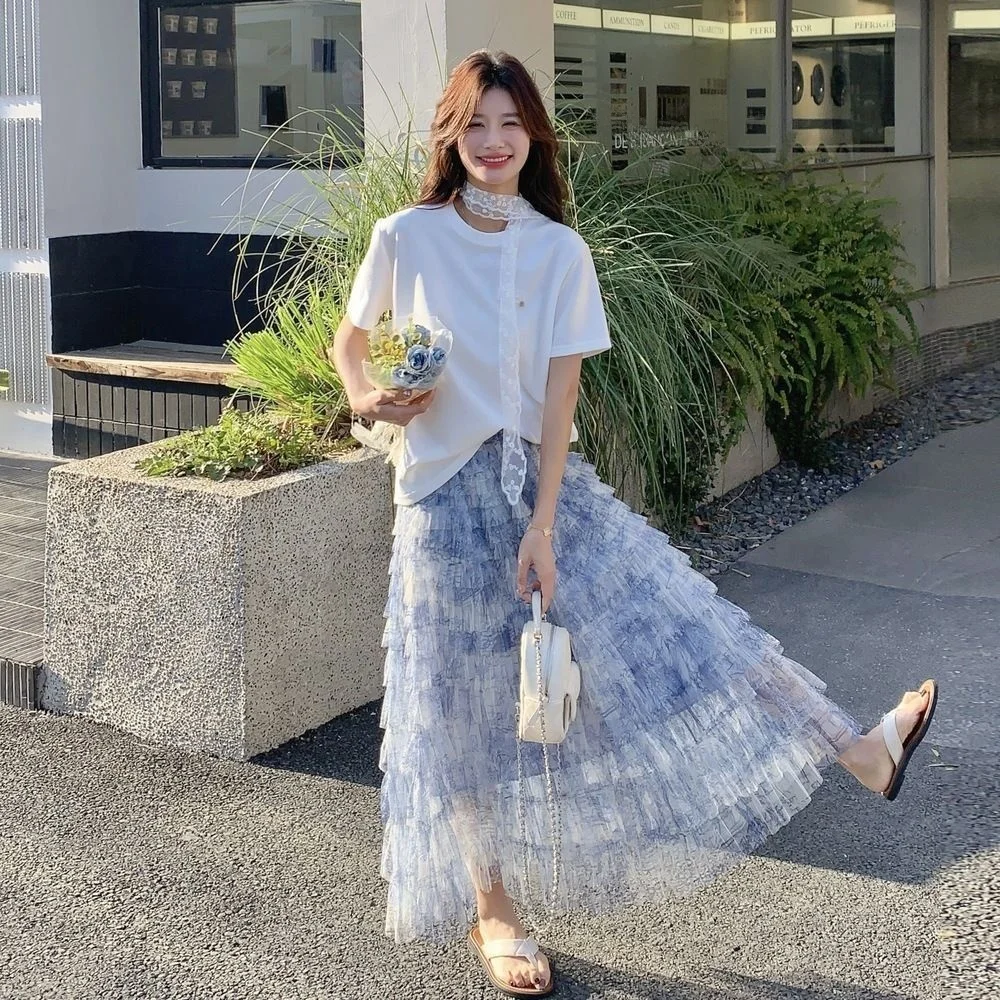 กระโปรงทรงเค้กเอวสูงย้อมสี Me Fairy ทรงสลิมมิ่งสำหรับฤดูร้อน กระโปรงยาวปานกลางสไตล์เกาหลีสำหรับผู้หญิง ผลิตจากเส้นใยโพลีเอสเตอร์