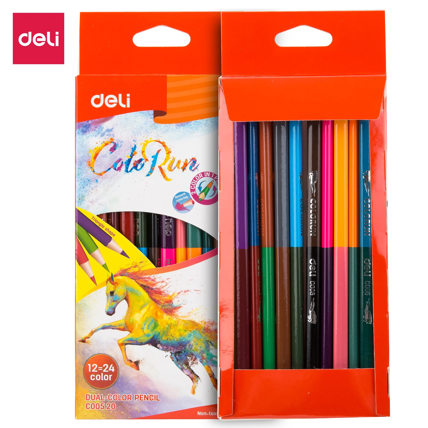Lápices de Colores de Doble Punta DELI para Niños y Estudiantes, 24 Colores, Material Escolar