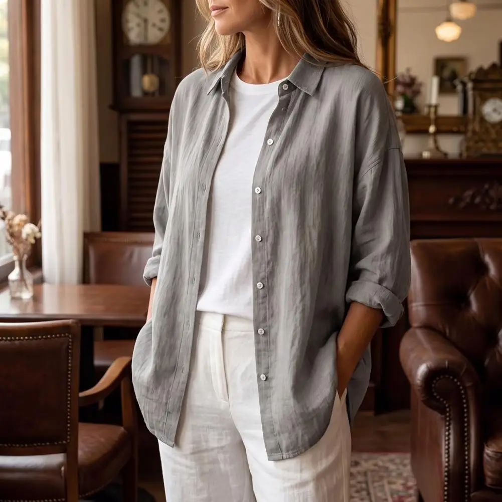 Long Sleeve Tops Soft Lightweight Shirt Women’s Button Front Shirt Long Sleeve Turndown Collar Blouse Solid Color for Wear