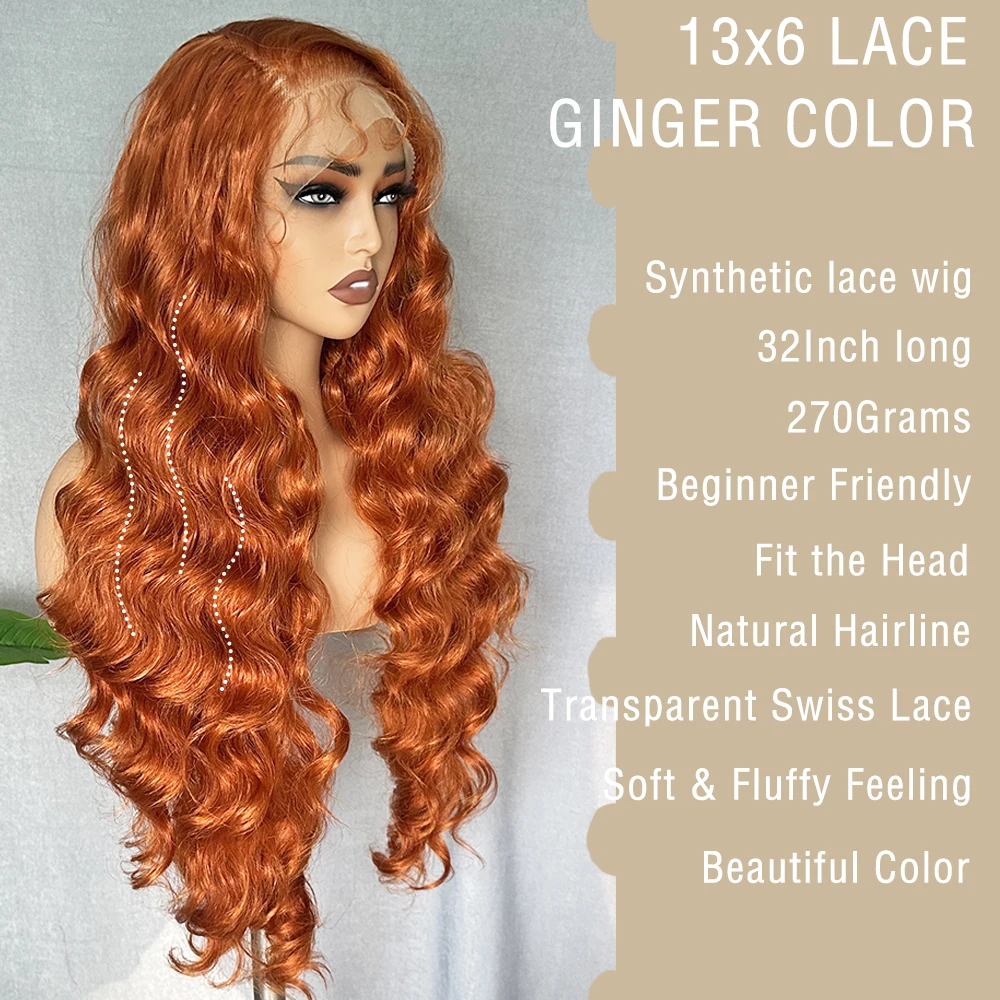 IPARTY 13x6 Synthetic Lace Wigs 32 Inch Lace Frontal Wig for Black Women Fluffy Honey Ginger Color Pre Plucked with Baby Hair