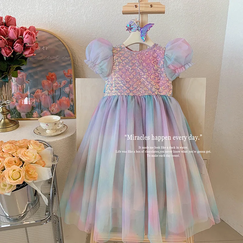 

Girls' Mermaid Princess Dress Summer Children Dress Little Girl Western Style Gradient Contrast Princess Skirt