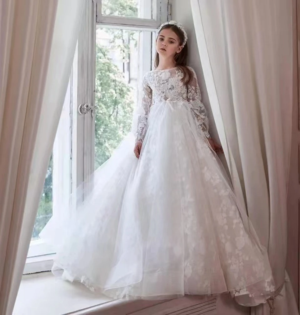 

White Flower Girl Dress Fluffy Tulle Lace Tail Long Sleeve For Wedding Child First Communion Birthday Dress Ball Gowns