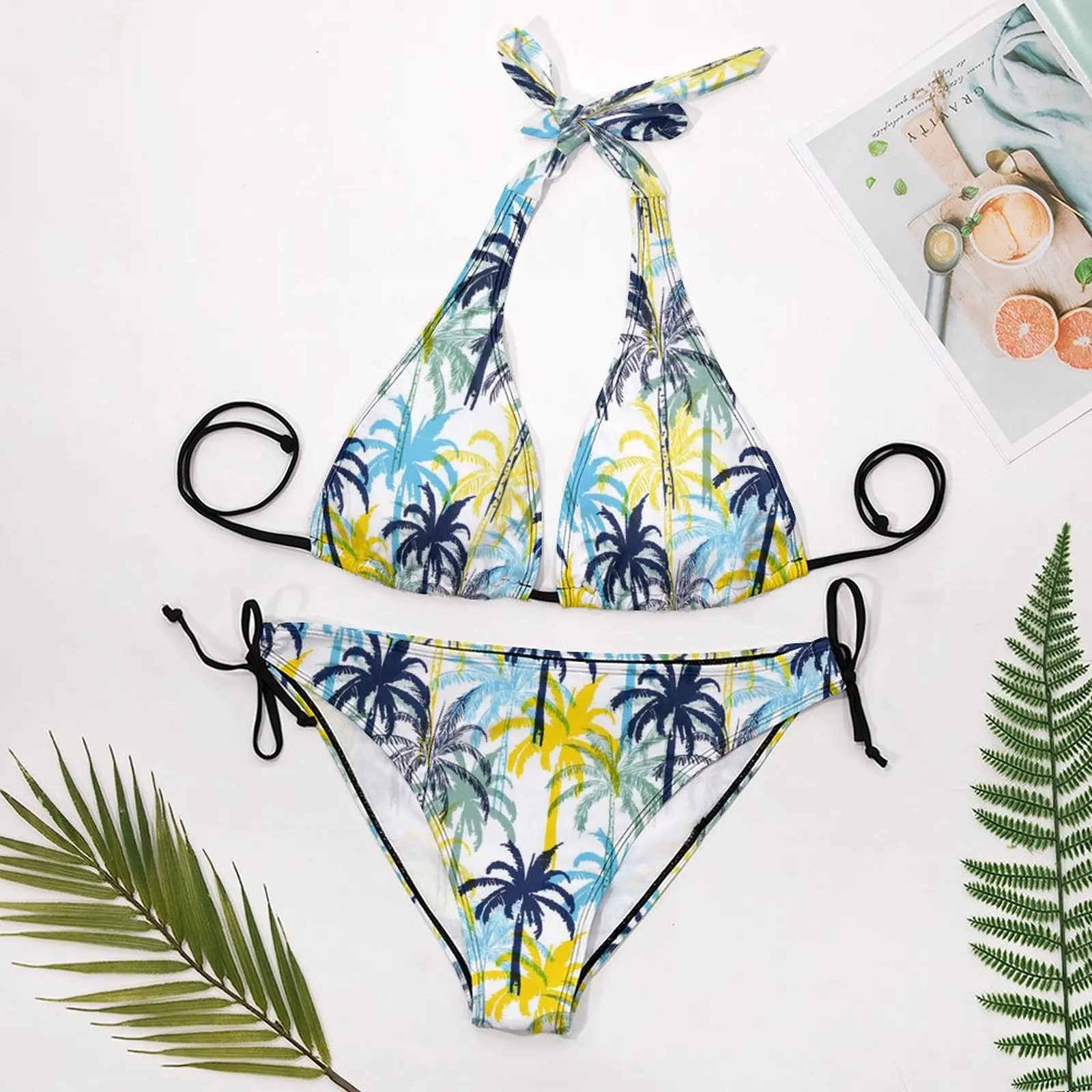 Tropical Palm Trees Bikini Swimsuit Push Up Plant Print V Neck Bikini Set Trend Swimwear Women Sexy Surfing Beach Wear