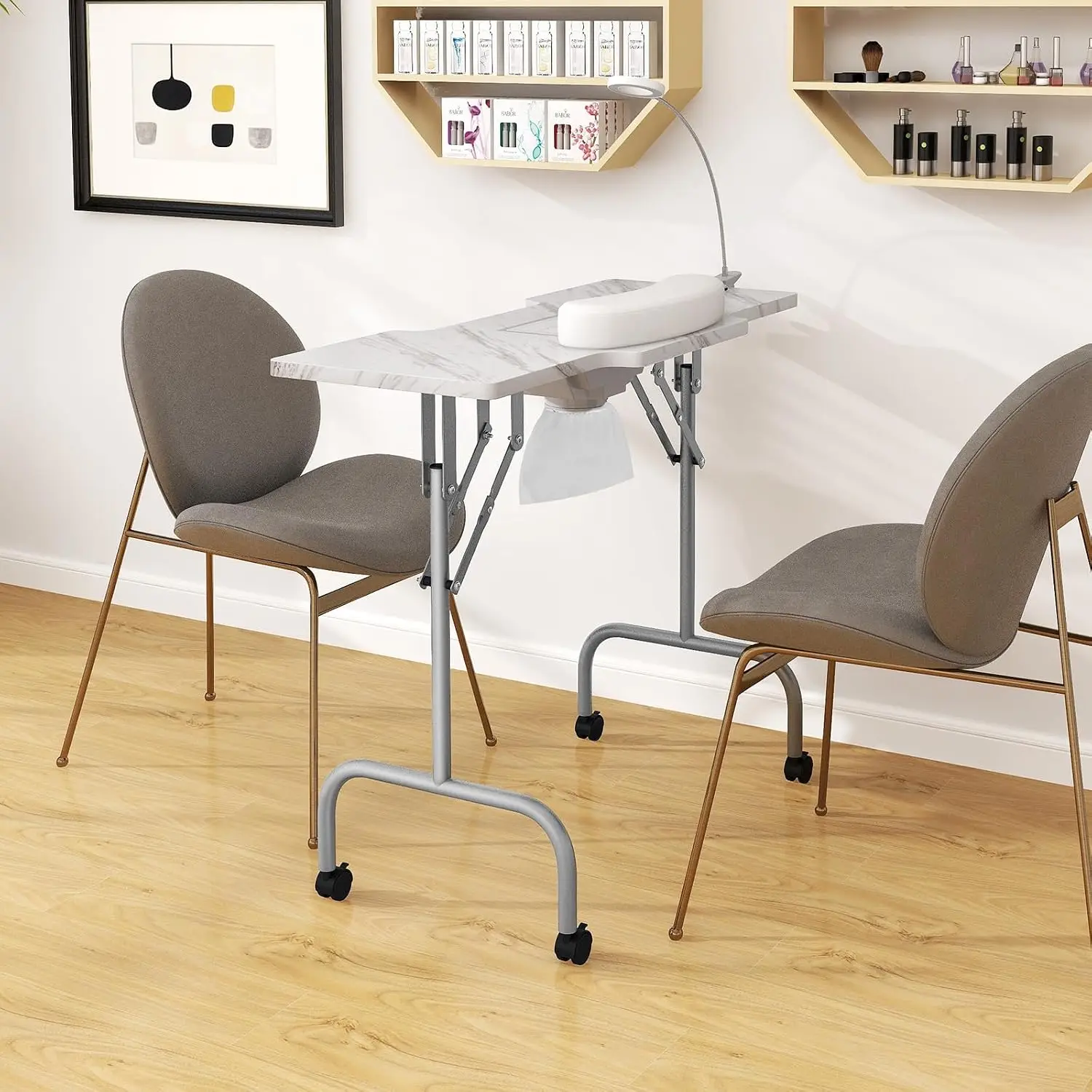 Foldable Nail Desk - Manicure Table with Built-in Dust Collector Fan, Adjustable Task Light, Client Wrist Pad, 4 Lockable