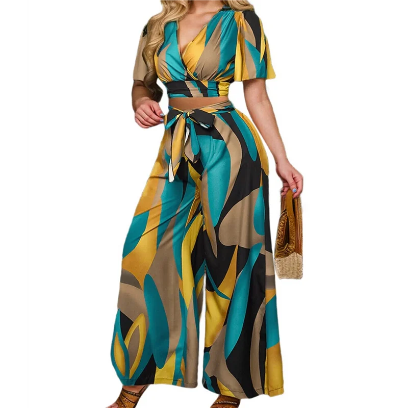 

Женские комплекты из 2 предметов, летний укороченный топ с короткими рукавами, широкие брюки, одинаковый комплект для отдыха-A55G