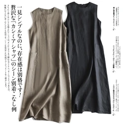 Linen Cotton Sleeveless Long Dress Vintage Slimming A Line Dress For Women Summer Solid O Neck Tank Robe Casual Clothes X1399
