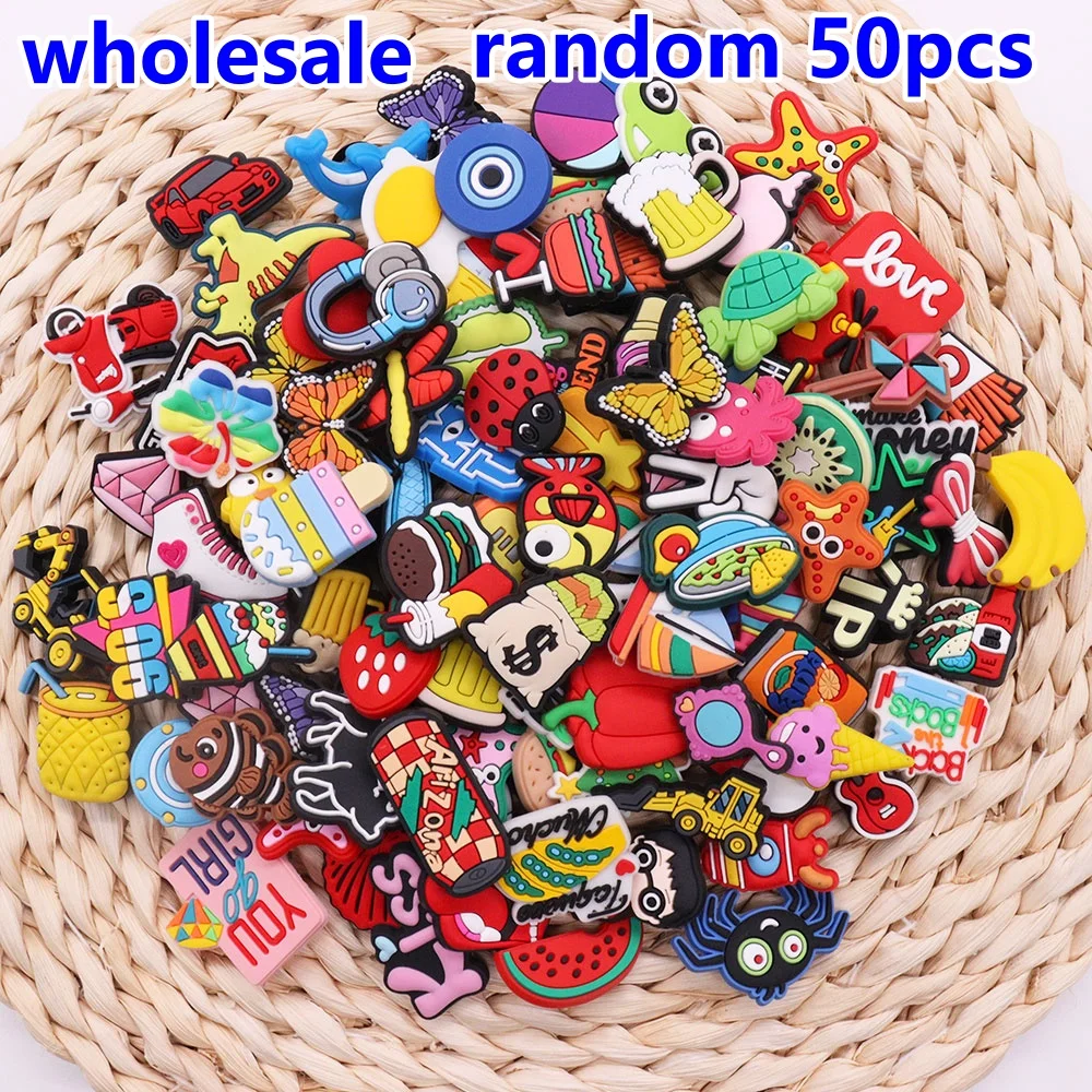 

Wholesale 50pcs random mix Fruit Cartoon different PVC Shoes Charms Summer Buckle Clog Decorations DIY Wristbands Kids Gifts