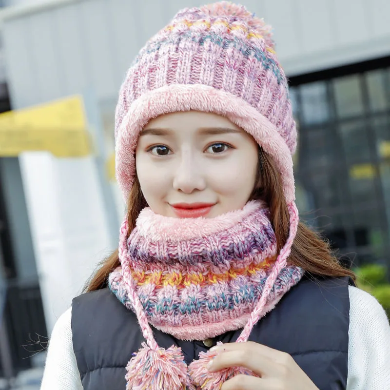 Winter Women Knitted Hat Snow Caps Scarf Female Warm Hat Scarf Set Fashion Wool Thickening Hat Set Casual