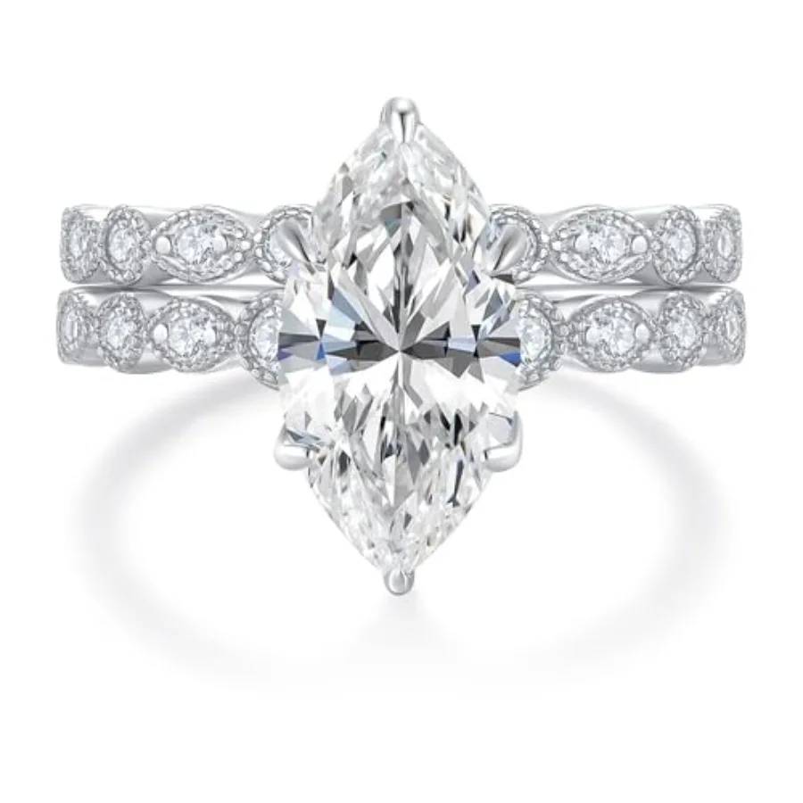 

4CT Marquise Cut Moissanite Engagement Ring Set for Women, Vintage Milgrain Design Plated with 14k/ Bridal Ring Set, Anniversar