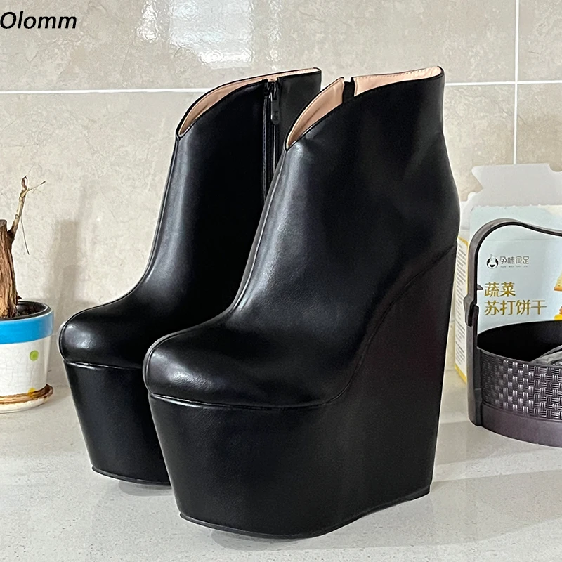 

Olomm Handmade Women Platform Ankle Boots Matt Wedges High Heels Round Toe Classics Black Party Shoes Ladies Plus US Size 5-15
