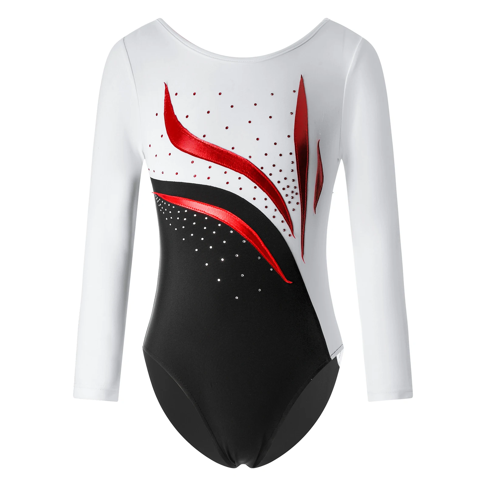 

Girls Long Sleeve Color Block Gymnastics Ballet Dance Leotard Kids One Piece Sequined Athletic Romper Bodysuit Tumbling Dancing