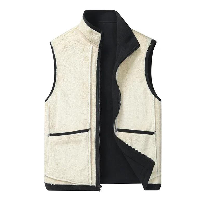 2024 Autumn and Winter Lambswool Vests Men New Warm Padded Stand-up Collar Large Size Casual Versatile Trend Jacket Shoulders