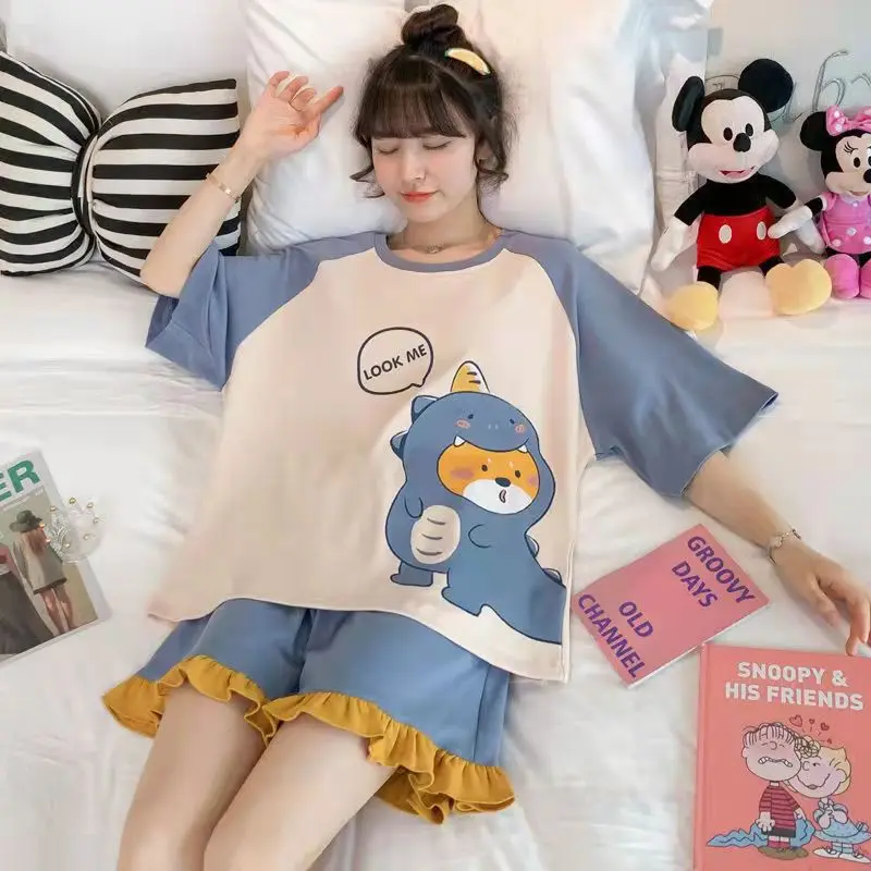 Summer New Pajamas Loungewear Set Women\'s Summer Thin Short Sleeve Cute Princess Style Plus Size Student Pajamas Loungewear Set