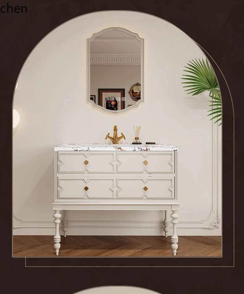 ZML small apartment retro style floor-to-ceiling ceramic integrated basin rubber wood bathroom cabinet washstand