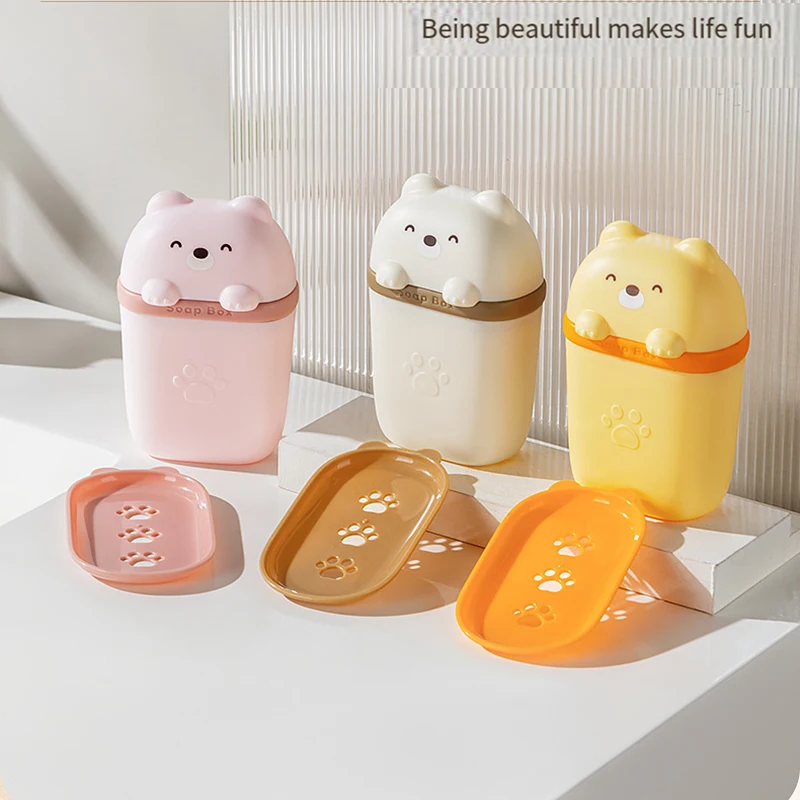 1PC Cartoon Bear Portable Soap Dish Sealed Storage Box Waterproof Travel Home Bathroom Soap Box Camping Bedroom Storage Soap Box