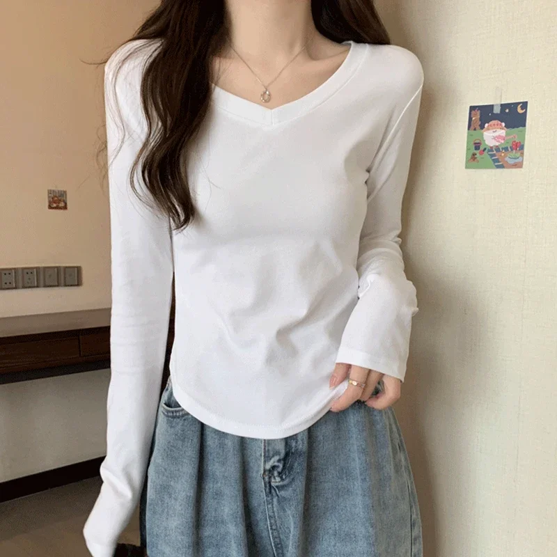 Skinny V Neck Long Sleeve Shirt Women Warm Fleece Sexy Cropped Tops Autumn Winter Korean Casual Slim Basic Cotton T Shirt Woman