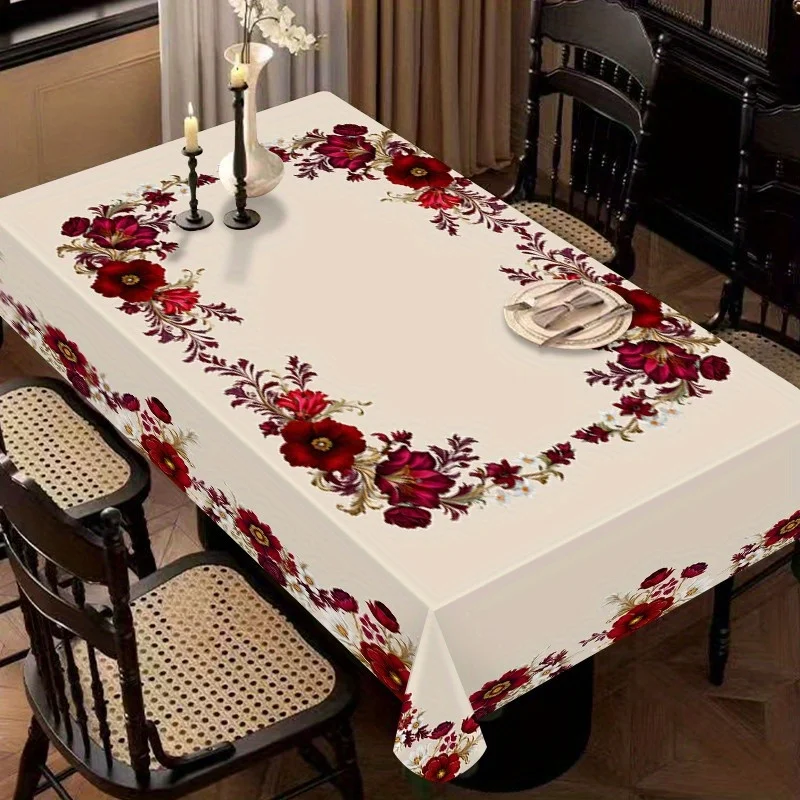 1 Stück Tischdecke mit Blumenmuster - rechteckige Tischdecke aus Polyesterfaser, mit Design aus roten Rosen und grünen Blättern.