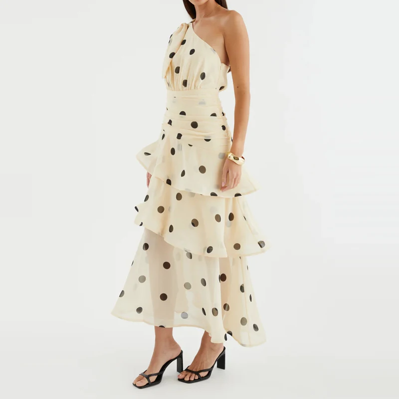 

Новое летнее элегантное платье с открытыми плечами, с принтом в горошек, без рукавов, для дня рождения, женское сексуальное платье с асимметричным воротником, многослойное, из сетки, длинное