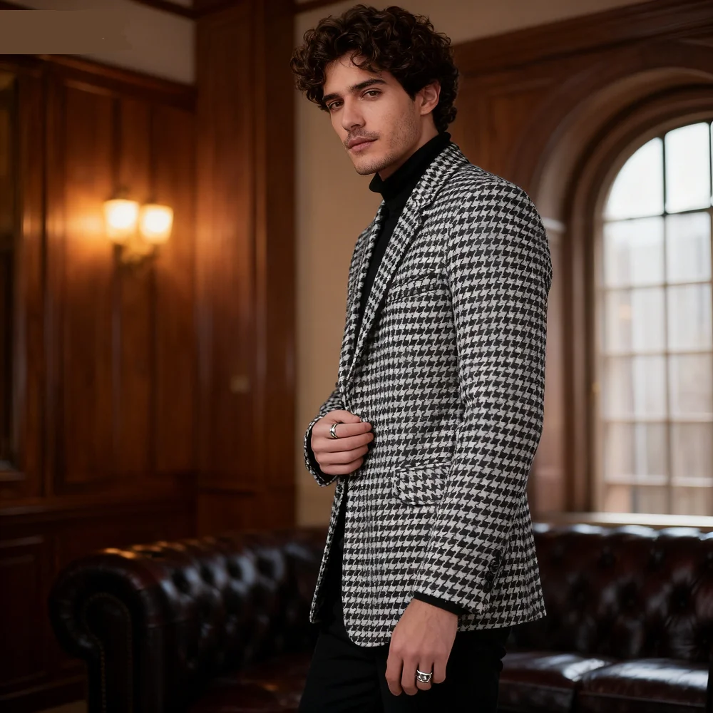 

Men's Checkered Blazer with Two Buttons One-Piece Business Suit Jacket Notch Lapel Houndstooth Fashion Outerwear