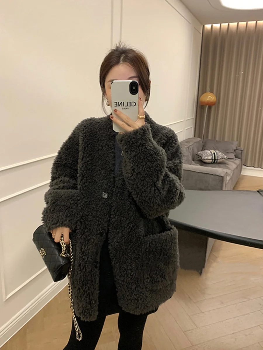 فرو الضأن Jaet V-Ne زر واحد Thiened فضفاض صالح Faionable شتاء جديد الملابس النسائية التخسيس الأعلى