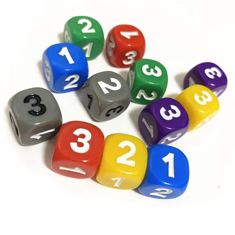 

10 Pieces Number 1 2 3 1 2 3 D6 13mm Acrylic Dice 6-sides Dices For Board Game Cubes 6 Colors