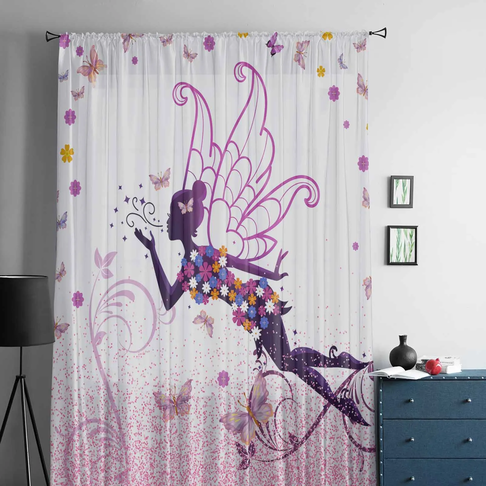 Fairy Elf Sparkling Pink Butterfly Flower Pink Voile Sheer Curtains Living Room Window Tulle Curtain Bedroom Drapes Home Decor