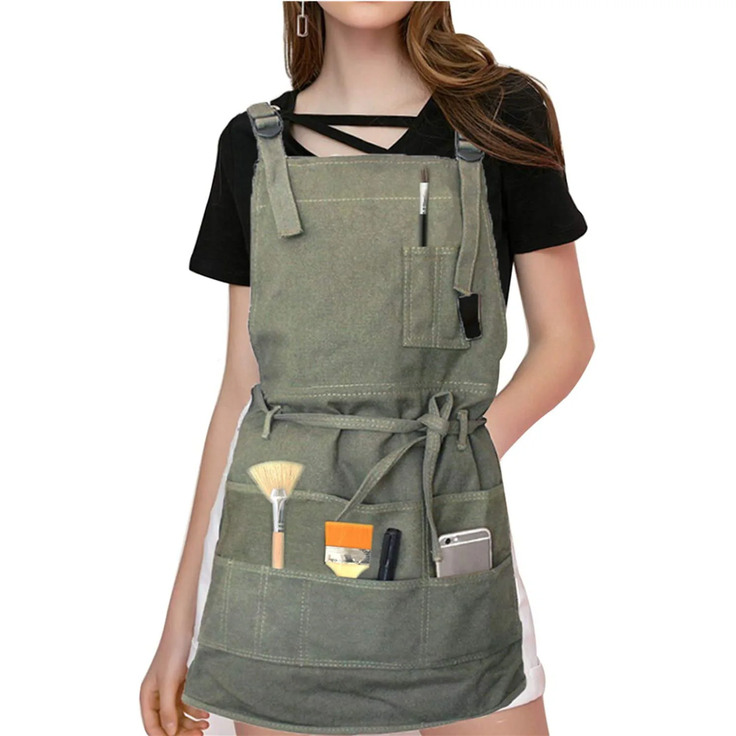 Adjustable Painter's Apron Unisex Canvas Aprons Multi-Pockets Multi-Functional Working Aprons for Gardener Carpenter