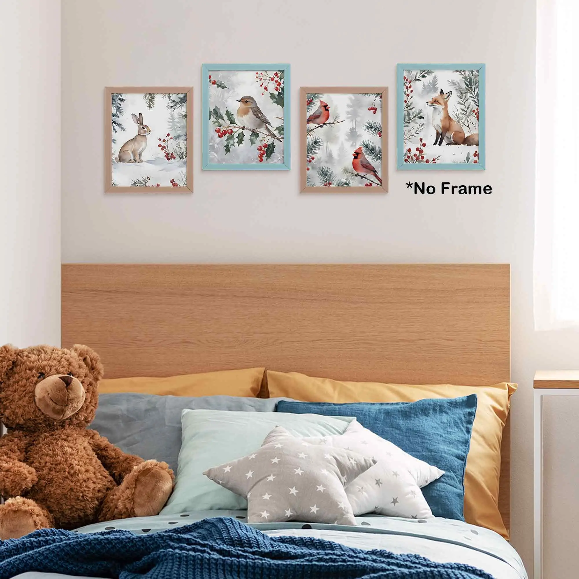 4PCS Winter Woodland Animals Wall Art Prints, Rabbit Fox Cardinal Bird Watercolor Posters, Christmas Canvas Painting Home Decor