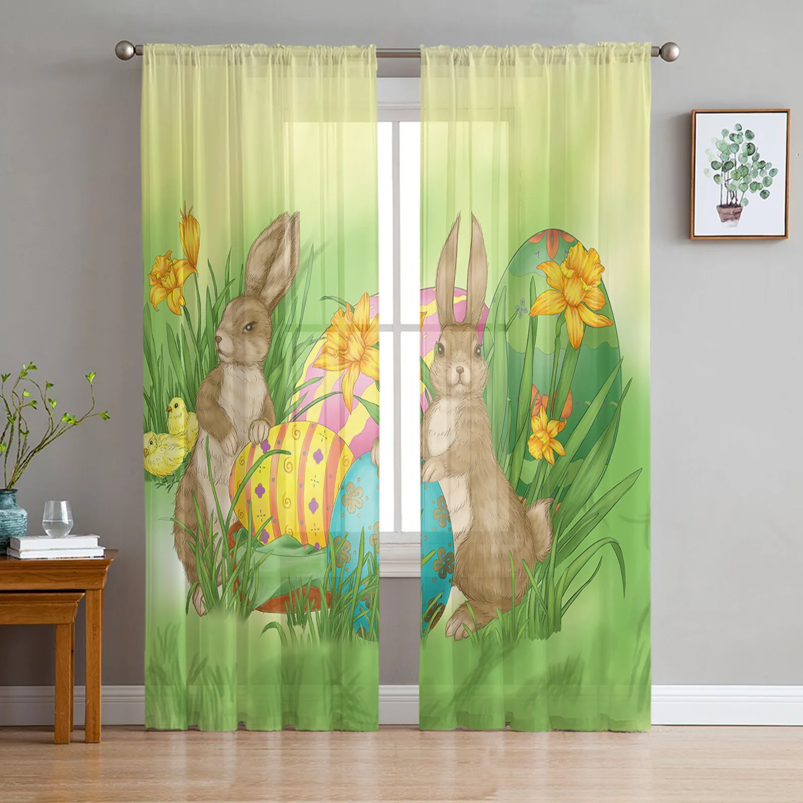 

Cartoon Rabbits Easter Eggs Sheer Curtains for Living Room Bedroom Kitchen Tulle for Windows Voile Yarn Curtains for Bedroom