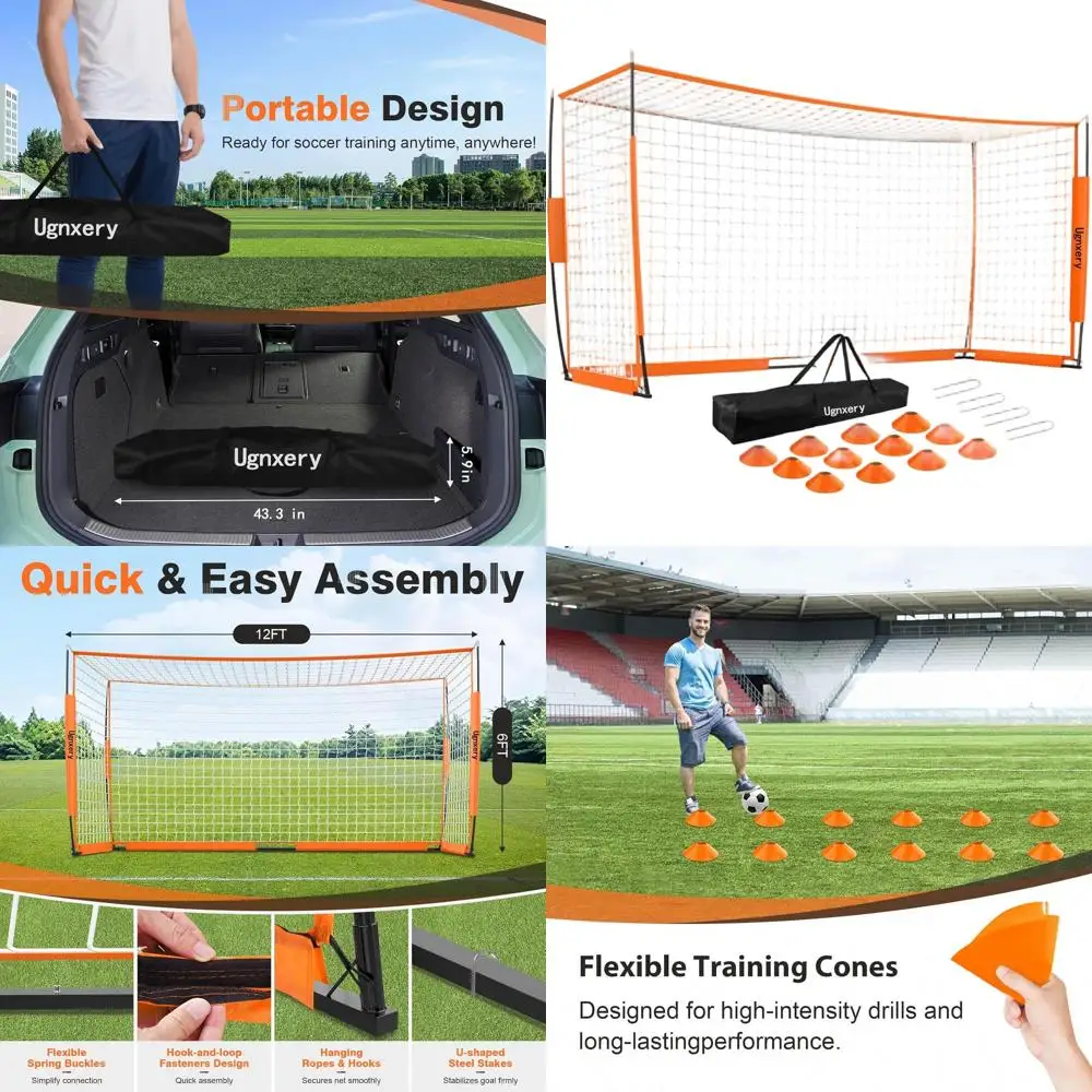 

Portable 12x6 Soccer Goals for Backyard Training with Carry Bag and 12 Cones