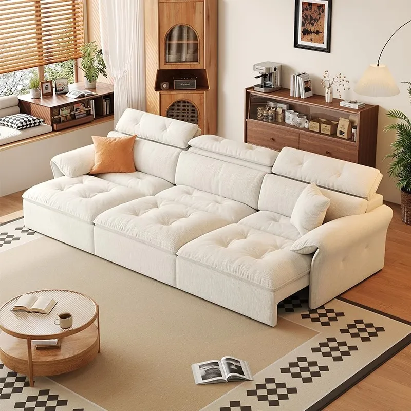 

Multifunctional Japanese-style cream sofa bed New electric telescopic chenille fabric set Small apartment Sponge filler