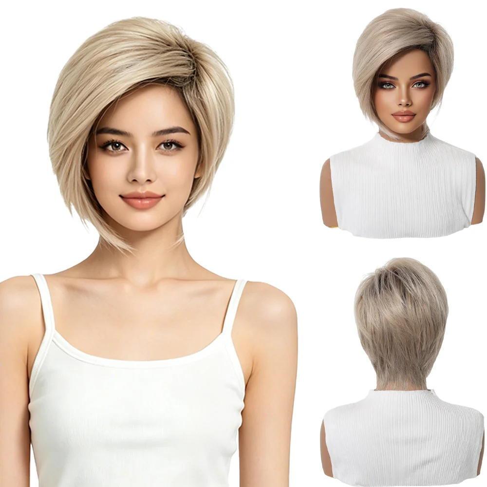 

Fashion Ombre Ash Blonde Short Bob Wig For Women Dark Roots Layered Fluffy Pixie Cut Wig Easy Wear Heat Resistant Synthetic Wig
