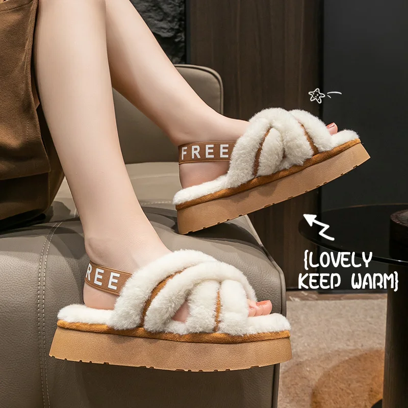 New autumn and winter fluffy cotton slippers with exposed toes for women to wear outdoors, thick soled for indoor home decor