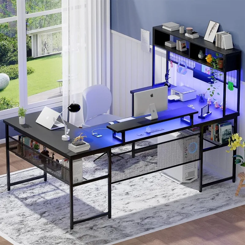 U Shaped Desk with Hutch, Reversible L Shaped Computer Desk with Power Outlets and LED Strip, Large Office Table